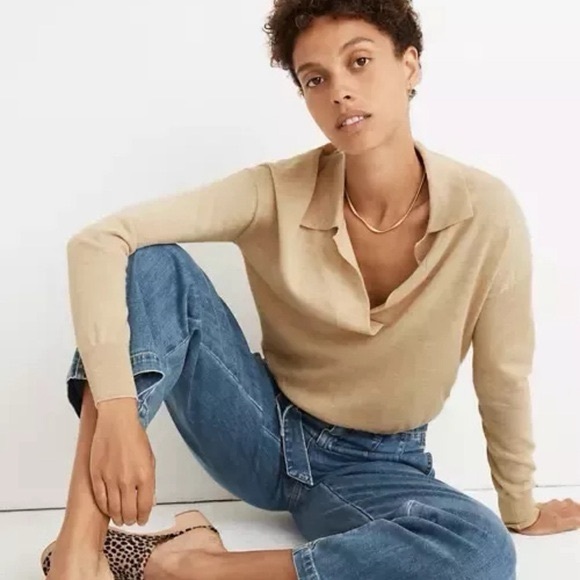 Madewell Merino Wool Polo Sweater XS Beige V-Neck Long Sleeve Pullover Classic - Picture 1 of 8